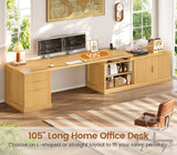 SEDETA Fluted 70.9" L Shaped Desk with Drawers and Storage Cabinet, Oak