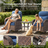 Luxury Patio Furniture Set with Swivel Chairs & 6-Inch Thick Cushions, Outdoor High Back Swivel Rocker Patio Chairs, 5PCS Wicker Outdoor Furniture Set for Porch, Yard, Deck, Poolside, Brown/Blue