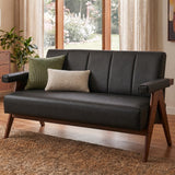 Mid Century Modern 50" Black Faux Office Leather Loveseat Solid Wood Frame