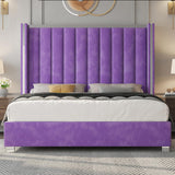 Jocisland King Size Upholstered Bed Frame with 58" Tall Headboard, Purple