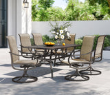 PHI VILLA Outdoor Dining Set for 6, Swivel Mesh Chairs & Metal Table, Brown