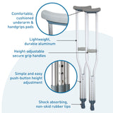BodyMed Aluminum Crutches, Tall (Pair) - Adjustable Height (5'10" - 6'6"), Lightweight Design, Padded Underarm Cushions & Hand Grips, Non-Slip Rubber Tips - Supports Up to 300 Pounds