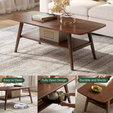 Wayshome 100% Solid Oak Wood Coffee Table with Storage Shelf, 2-Tier Rectangle Coffee Table for Living Room, Modern Center Table for Living Room (Walnut Colour, 47.24" W x22.05 D x 17.32" H)