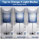 Blue Touch Lamps for Nightstand Set of 2 - Bedside Table Lamp for Bedroom with Dual USB Ports & AC Outlet, 3-Way Dimmable Lamps for Living Room Boys Room, Night Light with 5000K Daylight Bulbs