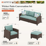 MIXPATIO Patio Furniture Set, 7 Pcs Wicker Rattan Outdoor Conversation Set, 4 x Leg Chairs, 1 x 3 Seater Sofa and 2 x Ottoman with 4" Thick Cushion for Garden Backyard Deck, Blue
