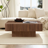 HanStrong 35.43" Modern Handcraft Square Drum Coffee Table for Living Room,Small Wooden Coffee Table with Sturdy MDF Pedesta, Walnut Color
