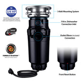Waste Maid 10-US-WM-458-SL-3B Garbage Disposal Anti-Jam Stainless Steel Food Waste Grinding System, 3/4 HP Slim Line, Black