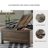 Signature Design by Ashley Moriville Rustic Hinged and Lift Top Cocktail Table with Hidden Storage, Light Brown