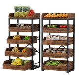 Tribesigns Wood Fruit and Vegetable Storage Rack Set of 2, 5-Tier Pull-Out Snack Stand Fruit Basket Stand, Utility Shelf Organizer for Kitchen, Living Room, Bedroom, Rustic Brown