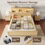Uteeran King Size Bed Frame and Tall Headboard & Storage, Metal Platform Bed Frame with 4 Storage Drawers, King Bed Frame with LED Lights & Charging Ports, No Box Spring Needed, Noise-Free, Natural