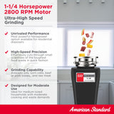 American Standard 10-US-AS-12-SL Garbage Disposal Anti-Jam Stainless Steel Food Waste Grinding System, Slim Line, 1.25 HP, Black