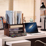 Boershun Wood Desk Organizer - 4-Tier Desktop File Organizer with Drawer, Wooden Paper Tray, Vertical File Holders & 2 Pencil Holders - Office Desk Organizer for Papers, Mail, Notebooks, Stationery