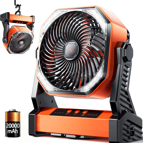 Camping LED Fan with Light, 20000mAh Rechargeable Battery Powered Outdoor Tent Fan with Light and Hook, 4 Speed, Personal USB Desk Fan for Camping, Fishing, Power Outage,Hurricane, Worksite Doublepow