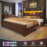 EnHomee Queen Bed Frame with 4 Storage Drawers and Headboard,LED Lights & Charging Ports,Wooden,No Box Spring Needed for Apartment,Heavy-Duty Structure,Noise-Free,Brown