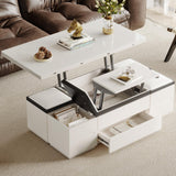 TreLined Lift Top Coffee Table with 4 Storage Stools, Rising Tabletop Center Tables, Expandable Dining Tables with Compartment and Drawer, Modern Office Desk End Table, White, 47.24" L