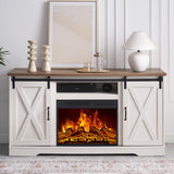 AMERLIFE 59" Fireplace TV Stand for TVs up to 65", Farmhouse Entertainment Center with Sliding Barn Doors, Storage Cabinets and Adjustable Shelves, Distressed White & Barnwood