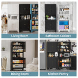 XIUSVON 69" Tall Metal Pantry Cabinet with Microwave Stand,Microwave Storage Cabinet with 4 Doors & 3 Adjustable Shelves for Kitchen (4doors-White, 13.78" D x 27.54" W x 68.9" H)