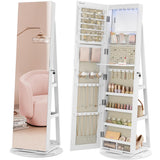 SONGMICS 6 LEDs Lockable Mirror Jewelry Cabinet, 360° Swivel Jewelry Organizer Armoire Standing, Frameless Full-Length Mirror, 3 Storage Shelves, White Surface, Greige Lining UJJC007W02V1