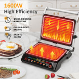 Sunvivi Indoor Grill & Griddle with Preset Menu, 1600W Electric Panini Press Sandwich Maker, Removable Nonstick Plates, Locking Lid, Double-sided Grill with 180° Flat Opening, Stainless Steel, Black