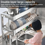 BEBANE Over The Sink Dish Drying Rack, 304 Stainless Steel 2 Tier Racks, Multifunctional Kitchen Storage Organizers, for Dishes, Glasses, Bowls & Cutlery(96cm/37.8in)