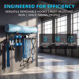 Heavy-Duty Wall Mounted Metal Gym Wall Storage Rack, Multi-Purpose Home Gym Organization & Gym Equipment Storage Organizer for Yoga Mat, Resistance Bands, Jump Ropes, Weight Belts – Space-Saving Garage Gym Storage with Removable Hooks