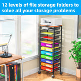 Simple Trending 12 Tier Rolling File Cart,Wood Desk File Organizer with Sliding Trays and Wetal Mesh Paper Letter Storage Multi-Functional Rolling Clutter Cart for Office, Home, School, Black Simple Trending