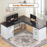 Farmhouse 69" Executive L Shaped Desk, Home Office Desk with Drawers and Storage Cabinet & Power Outlet