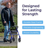 Drive Medical Rollator Walker with Seat - Stable Mobility Support - Height Adjustable - Durable Steel Frame Construction - Smooth 7.5" Wheels - Foldable - 350 Lb Limit - Blue