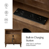 HULALA HOME Solid Wood End Table Set of 2 with Charging Station, 3 Drawer End Table with Pull-Out Tray, USB & Type-C Ports, Traditional Curved Front Accent Side Table for Living Room Sofa, Walnut