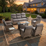moosprr Luxury Patio Furniture Set with Fire Pit Table, Outdoor Furniture Set with High Back Swivel Chairs & 6-inch Thick Cushions, 8 PCS Fire Pit Patio Set for Yard, Deck, Poolside, Brown/Grey