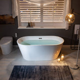 WOODBRIDGE 59" Freestanding White Acylic Soaking Bathtub with White Pillow,Drain and Overflow in Matte Black,BTA1514 -MB-Drain &O+ Pillow