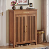 Tribesigns Shoe Cabinet, 5-Tier Shoe Storage Cabinet with Louvered Doors and Drawer, Freestanding Wooden Shoe Rack Organizer with Adjustable Shelves for Entryway, Hallway, Closet, Brown