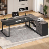 Executive Desk, Large Office Desk with Drawers & Storage Shelves, Modern L Shaped Computer Desk Corner Desk