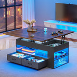 Itaar Lift Top Coffee Table, 4 in 1 Coffee Tables with Storage and Hidden Compartment, Farmhouse Coffee Table with 2 Fabric Drawers & LED Light for Living Room, Black
