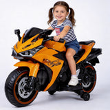 Children's Electric Motorcycle - 12V Electric Motorcycle, Manual Throttle, LED Wheel hub, Music Function, Suitable for Outdoor Riding- Ages 3-6 (Orange + Plastic + 50-99 Lbs)