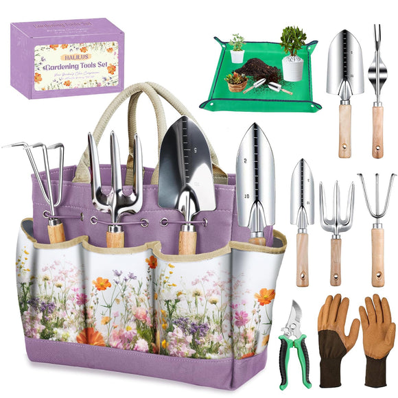 Gardening Tools Set 9-Piece Heavy-Duty Gardening Hand Tools with Floral Tote Bag and Repotting Mat