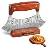 ROCOCO Pizza Cutter Ulu Knife – Full Tang Mezzaluna Rocker Knife with Wood Block for Kitchen Birthday Gifts for Men Women