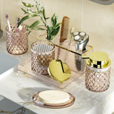 Glass Bathroom Accessories Set 5Pcs Crystal - Brown Foaming Soap Dispenser, Soap Dish, Cup, Acrylic Toothbrush Holder with Tray Organizer, Cotton Swab Jar, Bathroom Counter Set Sink Decor