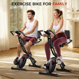 Pleny Folding Exercise Bike, 5 IN 1 Stationary Bike 5.5 LBS Flywheel Exercise Bike, Indoor Workout Bike 330LB Weight Capacity Back Support Cushion for Home Gym Workout, Black-red PLENY