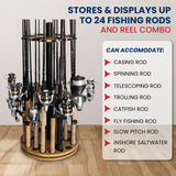 Rush Creek Creations 24 Rod Fishing Pole Holder - 360° Rotating Rack for Garage Organization and Storage, Reels, Gear, Accessories, Tackle Box