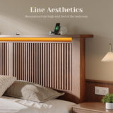 Homkdom King Bed Frame with 2 Drawers and Mid-Century Wooden Wavy Panel Headboard,Charging Station&LED Lights,Heavy Duty Steel,Noise-Free,No Box Spring Needed,Easy Assembly,Walnut