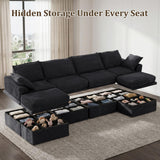 NABUMI 142" Modular Sectional Sofa with Storage, Oversized U-Shaped Boneless Couch with Ottoman, 27" Deep Seat Memory Foam Corduroy 6-Seater Cloud Couches for Living Room, Tool-Free Assembly, Black