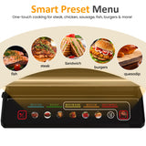 Sunvivi Indoor Grill & Griddle with Preset Menu, 1600W Electric Panini Press Sandwich Maker, Removable Nonstick Plates, Locking Lid, Double-sided Grill with 180° Flat Opening, Stainless Steel, Black