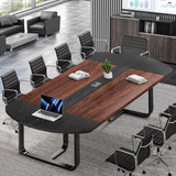 Walnut and Black Conference Room Table Curved for Office with Rectangle Grommet, Modern Meeting Table for Office