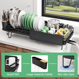 SNTD Large Dish Drying Rack - Expandable (19.3" to 29.4") Dish Rack for Kitchen Counter, Stainless Steel Dish Drainer with Utensil Holder, Pan Holder & Pot Lid Holder (Black)