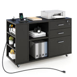 YITAHOME File Cabinet with Charging Station, Mobile Lateral Filing Cabinet with Lock for Home Office, Printer Stand, Black