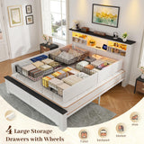 EnHomee Queen Bed Frame with Headboard, and 4 Storage Drawers, LED Lights & Charging Ports,No Box Spring Needed for Apartment,Noise-Free,Wooden, White