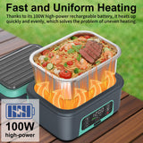 EDCREATY Electric Heated Lunch Box, 1.5L - 6.3 Cups 100W Rechargeable Smart Self-Heating Food Warmer with Removable Divider, Spoon, Fork, BPA Free, Portable Lunchbox for Car Travel Office Lake Green