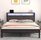 HAY Full Size Bed Frame with 2-Tier Storage Headboard, Metal Platform Bed with Charging Station and LED Light, Metal Support, Noise Free, No Box Spring Needed, Grey