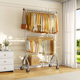 HYSEYY Heavy Duty Clothes Rack, Double Rod Clothing Rack for Hanging Clothes, Rolling Garment Rack, Adjustable Freestanding Wardrobe Closet Coat Rack for Bedroom Laundry Living Room, Silver